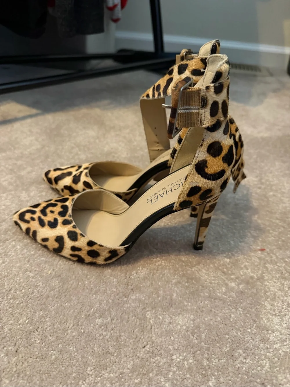 Michael Shannon Leopard Print Pointed-Toe Ankle Strap Pumps
